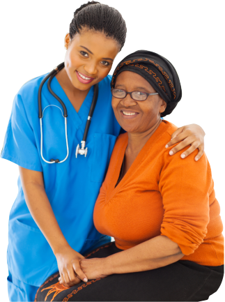 nurse wearing stethoscope hugging a senior woman